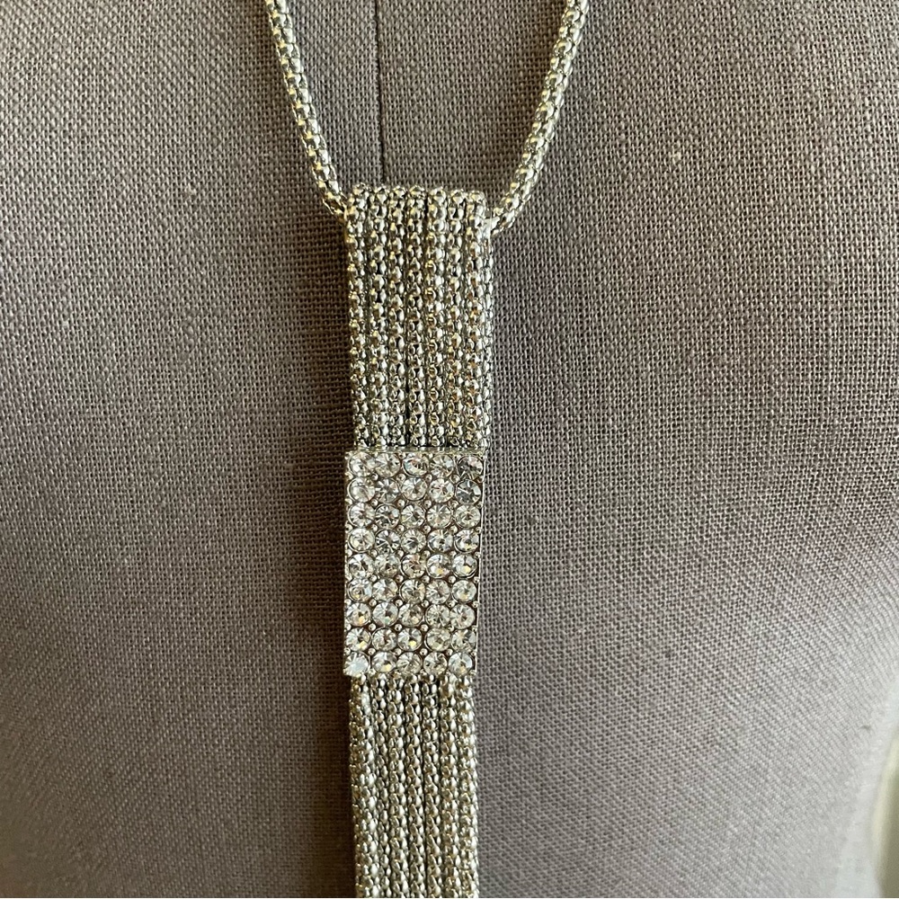 Long Silver Necklace With Rectangular Tassel Pend… - image 3